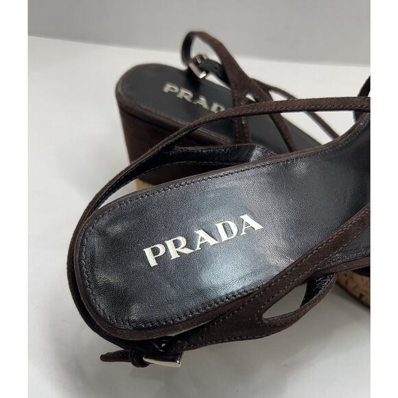 PRADA Brown Suede Cork Heel Platform Wedge Sandals Size EU 38 - Picture 6 of 11